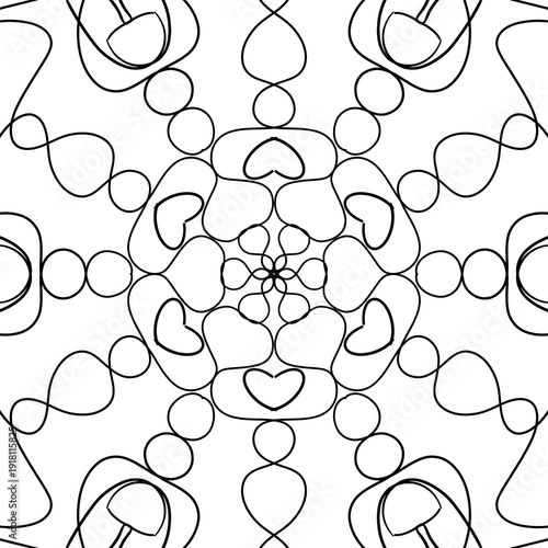 Abstract geometric vector pattern with symmetrical ornamental lines. Decorative monochrome design inspired by floral and mandala shapes. Perfect for coloring pages, backgrounds, textile prints, packag