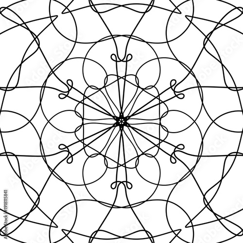 Abstract geometric vector pattern with symmetrical ornamental lines. Decorative monochrome design inspired by floral and mandala shapes. Perfect for coloring pages, backgrounds, textile prints, packag