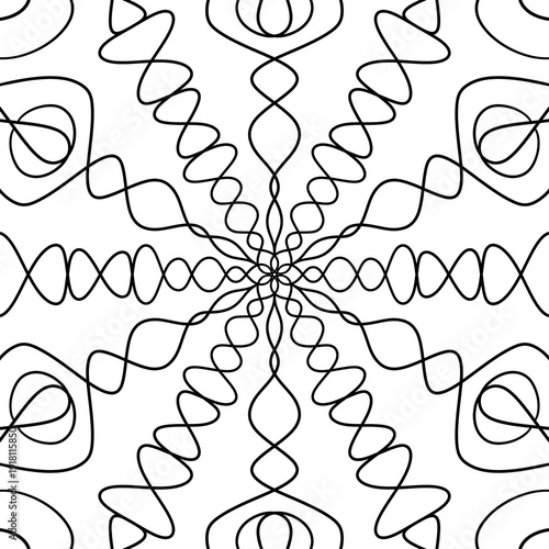 Abstract geometric vector pattern with symmetrical ornamental lines. Decorative monochrome design inspired by floral and mandala shapes. Perfect for coloring pages, backgrounds, textile prints, packag
