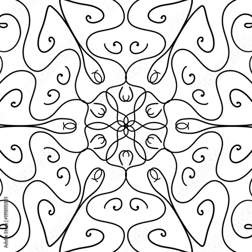 Abstract geometric vector pattern with symmetrical ornamental lines. Decorative monochrome design inspired by floral and mandala shapes. Perfect for coloring pages, backgrounds, textile prints, packag