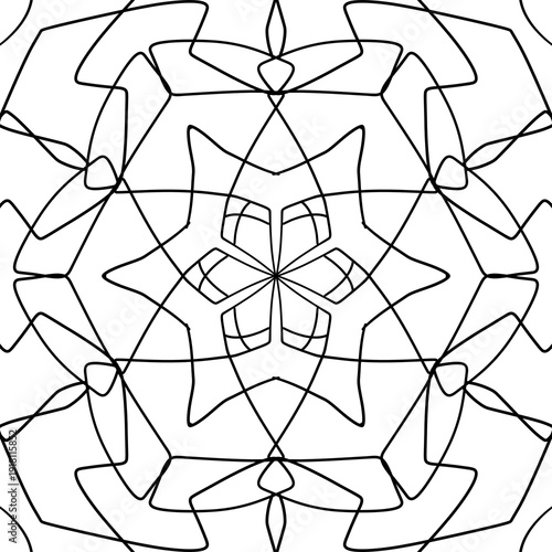 Abstract geometric vector pattern with symmetrical ornamental lines. Decorative monochrome design inspired by floral and mandala shapes. Perfect for coloring pages, backgrounds, textile prints, packag
