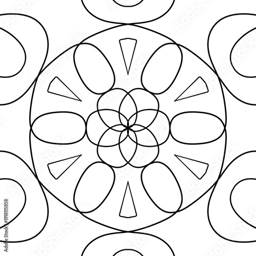 Abstract geometric vector pattern with symmetrical ornamental lines. Decorative monochrome design inspired by floral and mandala shapes. Perfect for coloring pages, backgrounds, textile prints, packag