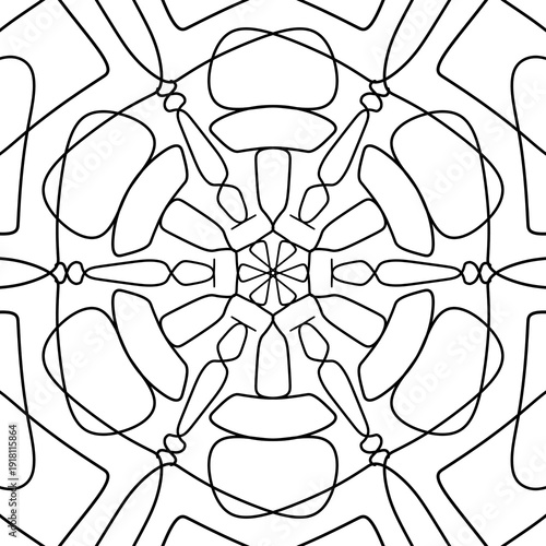 Abstract geometric vector pattern with symmetrical ornamental lines. Decorative monochrome design inspired by floral and mandala shapes. Perfect for coloring pages, backgrounds, textile prints, packag