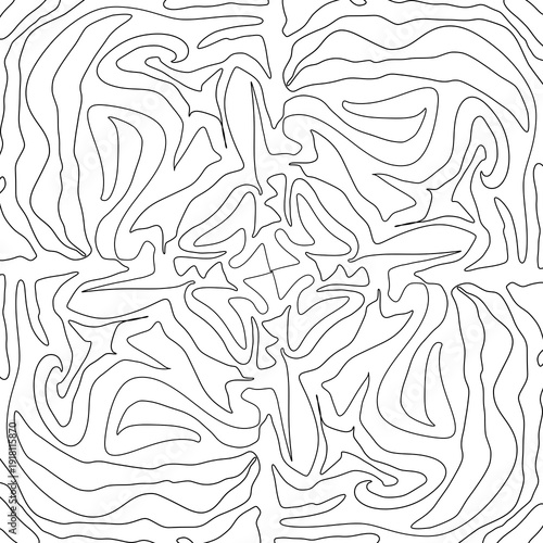 Abstract geometric vector pattern with symmetrical ornamental lines. Decorative monochrome design inspired by floral and mandala shapes. Perfect for coloring pages, backgrounds, textile prints, packag
