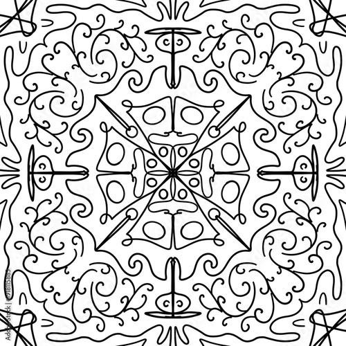 Abstract geometric vector pattern with symmetrical ornamental lines. Decorative monochrome design inspired by floral and mandala shapes. Perfect for coloring pages, backgrounds, textile prints, packag