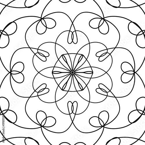 Abstract geometric vector pattern with symmetrical ornamental lines. Decorative monochrome design inspired by floral and mandala shapes. Perfect for coloring pages, backgrounds, textile prints, packag