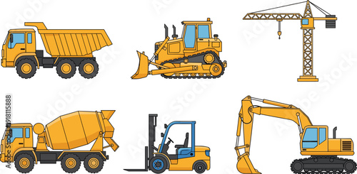 Assortment of Yellow Construction Vehicles on White Background truck bulldozer