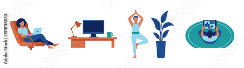 Flat Vector Remote Work and Wellness Element Kit for Modern Home Office Lifestyle Graphic Set