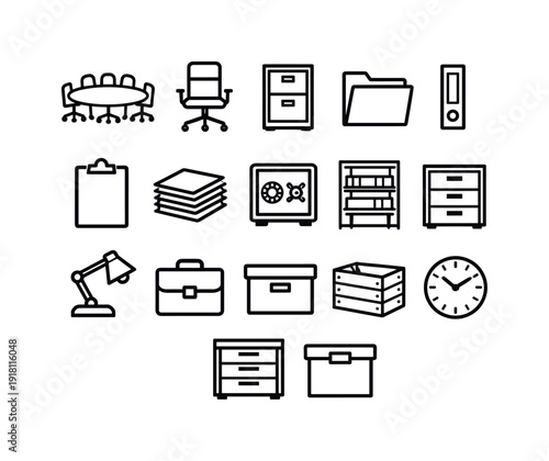 Business continuity equipment in linear style: conference table, office chair, filing cabinet, document folder, binder, clipboard, paper stack, safe