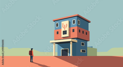Lone traveler stands before a unique, modern, multi-story building in a vast, empty landscape under a clear sky.