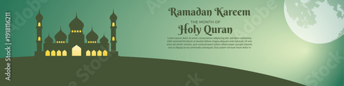 A serene illustration depicting a mosque silhouette under a full moon with "Ramadan Kareem" and "The revelation of Holy Quran" text, set against a gradient green sky.
