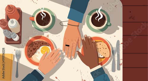 Three friends enjoying breakfast together, sharing food and conversation over coffee and toast