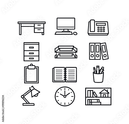Property administration management workspace in linear style: office desk, desktop computer, desk phone, filing cabinet, document tray, binder