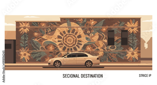 Urban street art mural on building facade with sedan car parked in front, depicting nature and abstract elements.