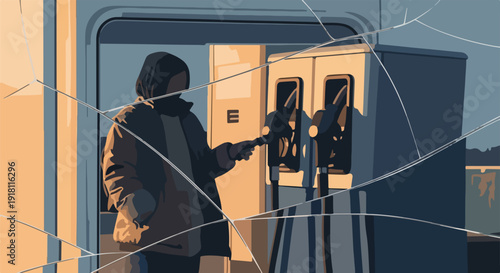 Person at a broken gas pump with cracked glass in foreground, symbolizing fuel crisis or economic hardship