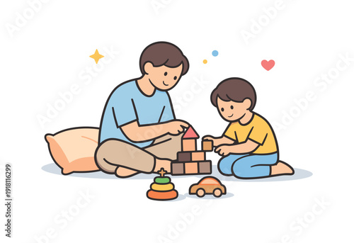 Quiet family afternoon at home focused on shared presence and gentle everyday closeness, a parent and child sitting on the floor arranging simple