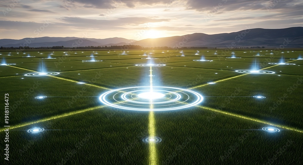 Fototapeta premium Futuristic field with interconnected glowing devices, sunset, and mountains in the distance