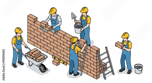 Construction Workers Building Brick Wall.