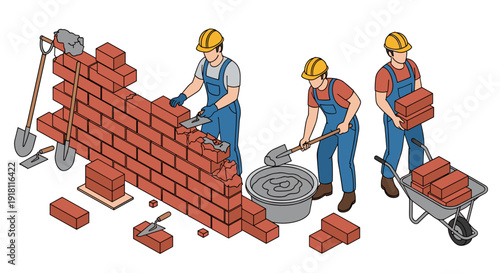 Construction Workers Building Brick Wall 1.
