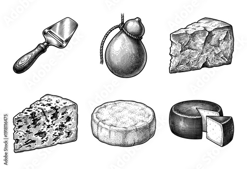 Vintage engraving style collection of assorted cheese varieties and slicer tool featuring woodcut illustrations of dairy products.
