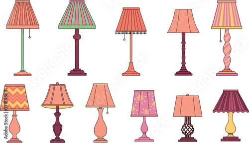 Collection of ten decorative table lamps with pleated and patterned shades lighting home decor