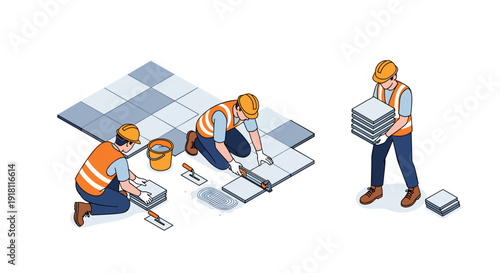 Construction Workers Installing Tiles on Floor.