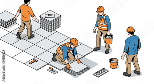 Construction Workers Laying Tiles on Floor.