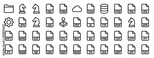 Digital file format and data storage icon collection. Heavyweight vector pictograms of folder, cloud, database, document, and software extensions, thick outline style.