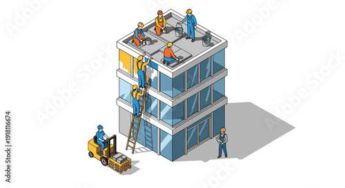 Isometric Building Maintenance Workers at Work.