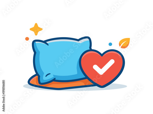 Everyday emotional comfort through a short pause to rest and recharge in a cozy home setting, a soft sofa cushion paired with a heart icon symbolizing