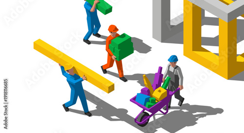 Miniature Workers Carrying Construction Materials.