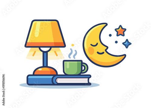 Calm daily habit of preparing a light evening routine to support better sleep and relaxation, a bedside lamp paired with a crescent moon icon
