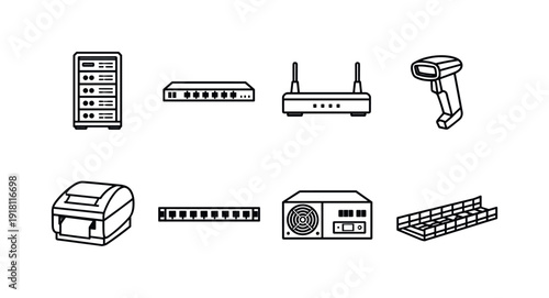 Logistics infrastructure hardware in linear style: server rack, network switch, router, barcode scanner, label printer, patch panel, power supply
