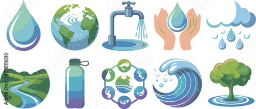 World Water Day Icon Set – Vector Environment Protection, Eco-Friendly, and Nature Conservation Illustrations