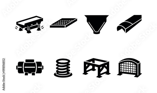 Industrial powder screening systems: vibrating screen, screen deck, feed hopper, discharge chute, vibration motor, isolation spring, support frame