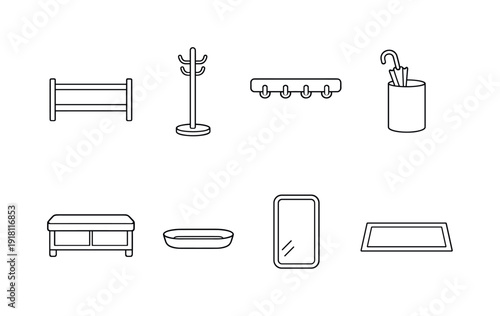 Home entryway storage items: shoe rack, coat rack, wall hook, umbrella stand, storage bench, key tray, mirror, doormat