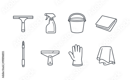 Home window cleaning kit: window squeegee, spray bottle, cleaning bucket, microfiber cloth, extension pole, scraper blade, safety glove, cloth rag