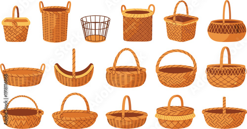Collection of various woven wicker and rattan baskets with handles container