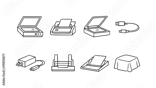 Home document scanning tools: flatbed scanner, document feeder, scanner lid, USB cable, power adapter, paper guide, scan tray, dust cover