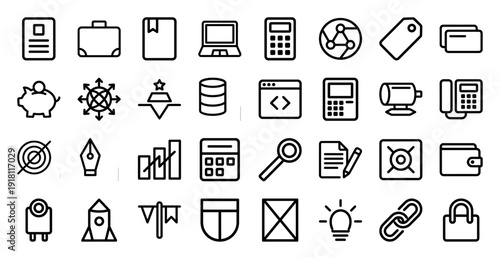 Business and finance icon collection featuring heavyweight vector pictograms of a calculator, piggy bank, laptop, briefcase, wallet, and chart in a thick outline style.
