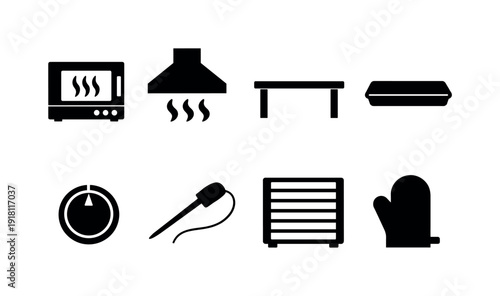 Commercial kitchen heat processing line: convection oven, exhaust hood, stainless table, baking tray, control knob, thermometer probe, oven rack