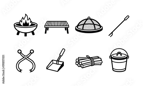 Outdoor camping fire pit gear: fire pit, fire grate, spark screen, fire poker, log tong, ash shovel, kindling bundle, ash bucket