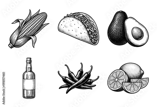 Mexican food and ingredients collection featuring taco, corn, avocado, chili peppers, lime, and sauce bottle in a vintage woodcut engraving style.
