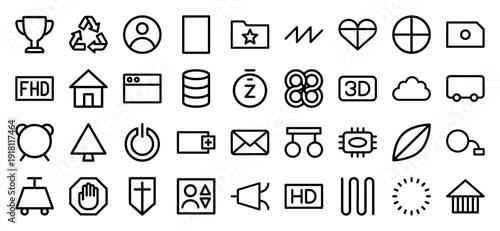 Universal interface icon collection featuring heavyweight vector pictograms of a trophy, recycling symbol, database, alarm clock, and house in a thick outline style.