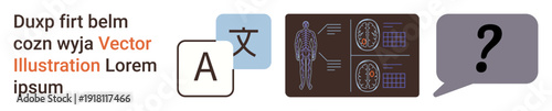 Language interpretation, medical diagnostics, AI tools, learning, technology usage, global communication. A text, human body scan speech bubble and multilingual icon. Language interpretation