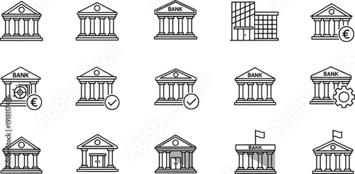 Bank Building Icon Set – Vector Financial Institution, Secure Banking, and Euro Currency Outlines