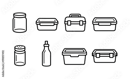 Home kitchen food storage containers: glass jar, plastic container, lunch box, freezer box, spice jar, oil bottle, storage bin, clip lid