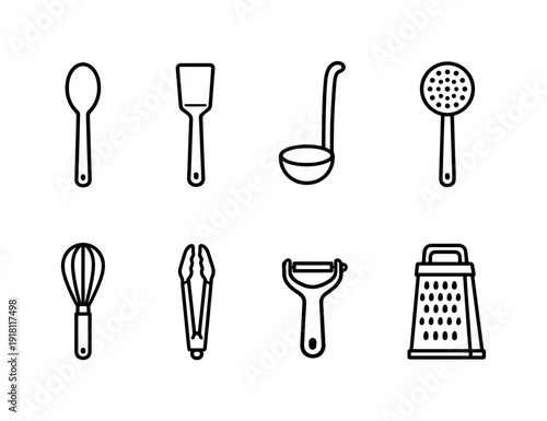 Home kitchen utensil essentials: wooden spoon, spatula, ladle, slotted spoon, whisk, tongs, peeler, grater