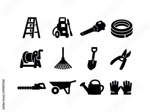 Outdoor home maintenance gear: ladder, pressure washer, leaf blower, garden hose, hose reel, rake, shovel, pruning shears, hedge trimmer, wheelbarrow