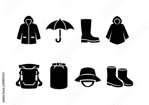 Outdoor rain gear: raincoat, umbrella, rain boot, poncho, waterproof bag, dry sack, rain hat, boot cover